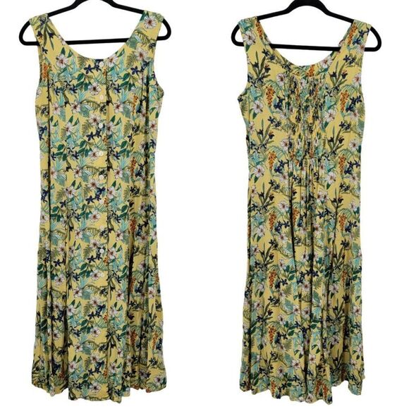 Vintage Koret Dress M Yellow Floral Midi Sleeveless Button Front Smocked India - Picture 11 of 11